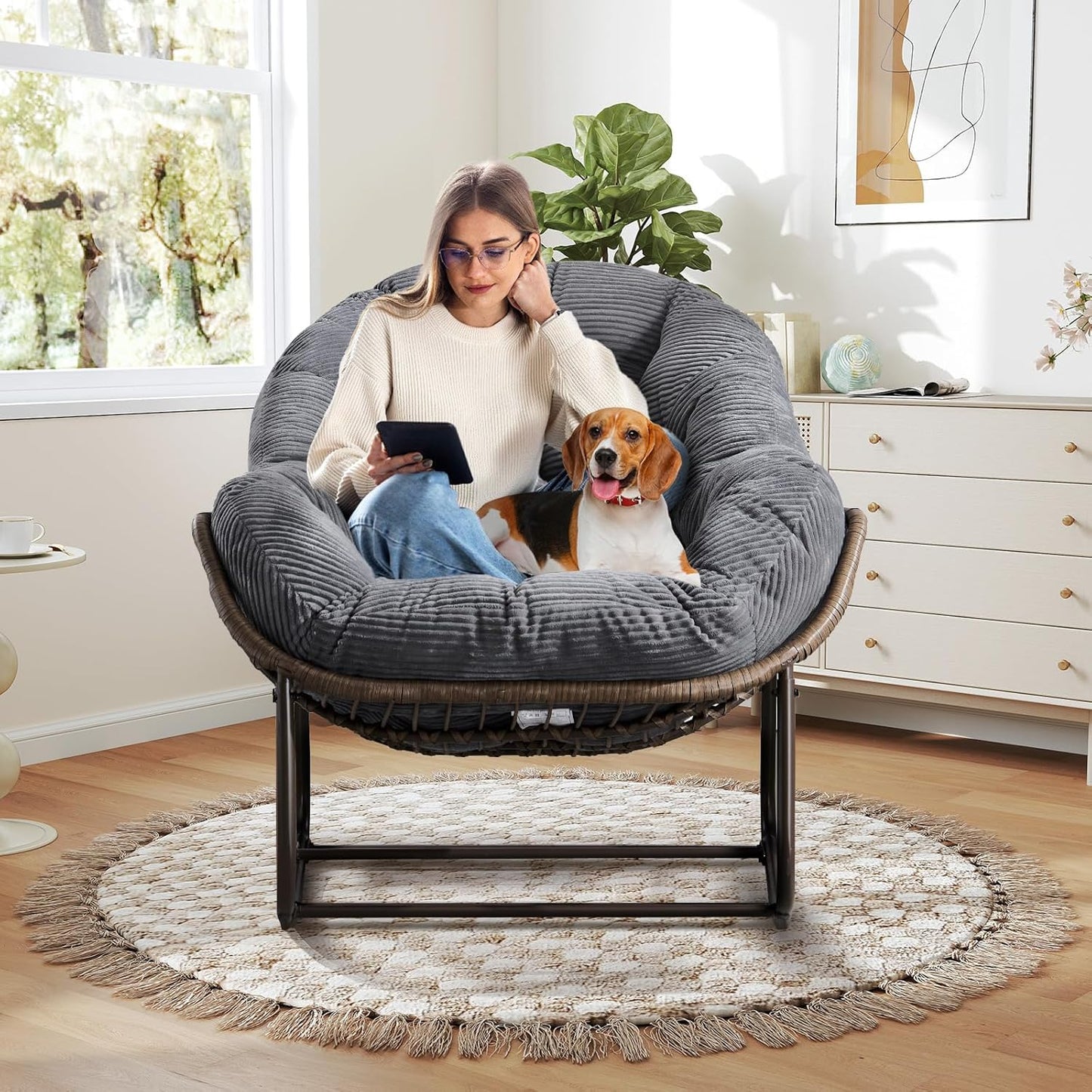 Rattan Hanging Egg Chair with Stand & Cushion - Boho Macrame Swing Chair for Indoor, Outdoor, Garden, Patio, Balcony Decor