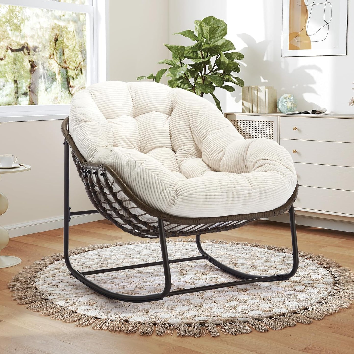 Rattan Hanging Egg Chair with Stand & Cushion - Boho Macrame Swing Chair for Indoor, Outdoor, Garden, Patio, Balcony Decor